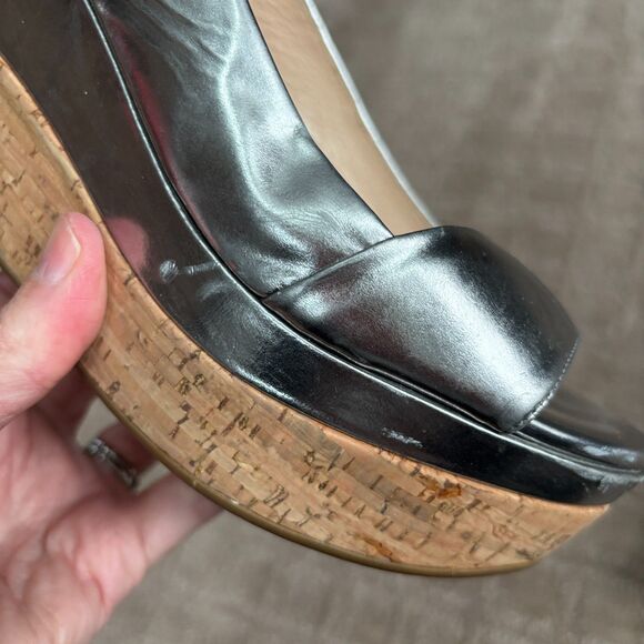 Prada Patent Leather Slingback Platform Wedge Sandal Womens 36.5 Silver Peeptoe - Picture 7 of 14